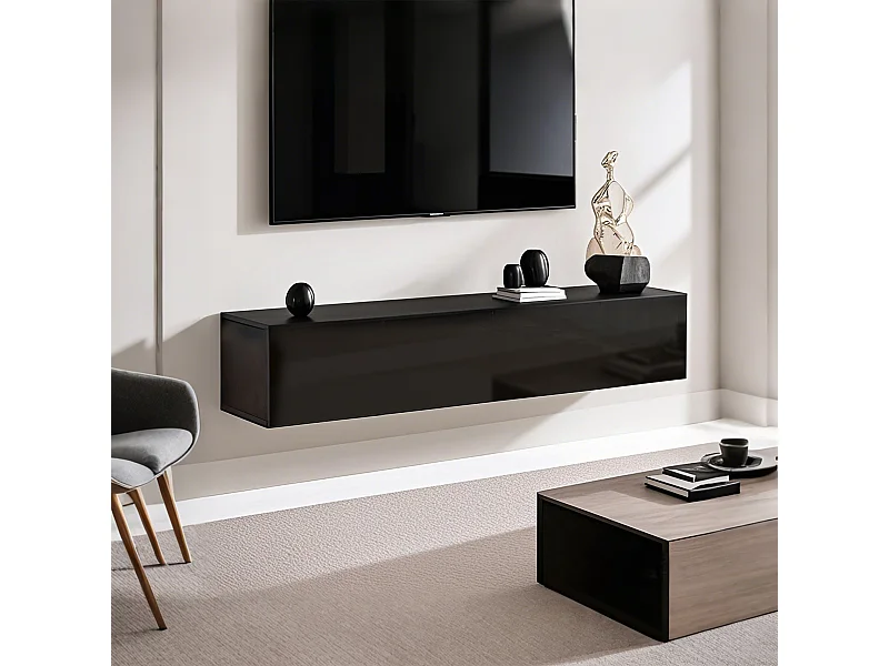 Mobile TV Salon 160 cm Noir Rangement Moderne con Portes Push-to-Ouvrir
