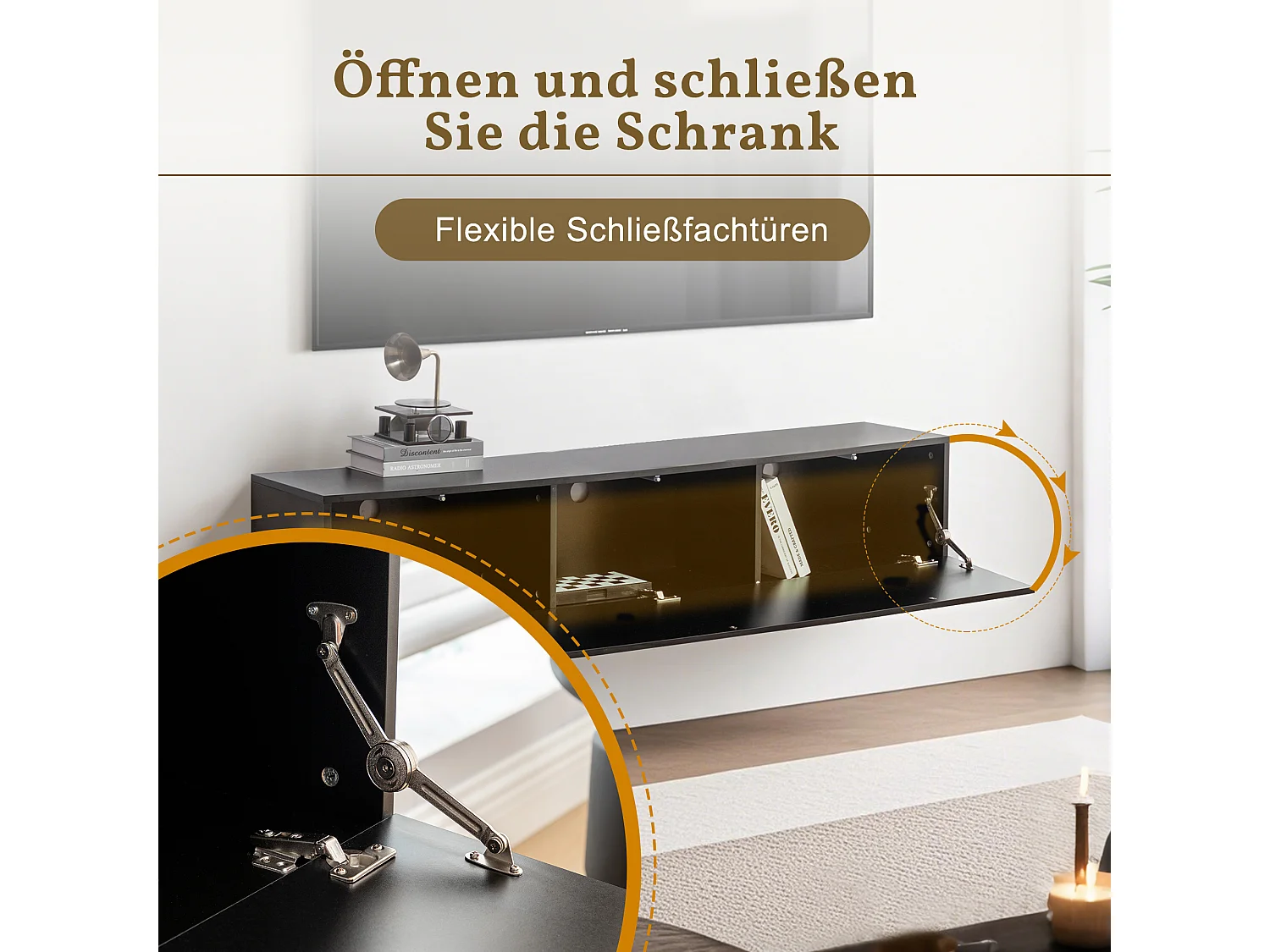 Móvel de TV preto de 160 cm para sala de estar, moderno, com portas de abrir por pressão