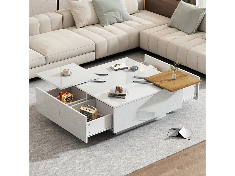 Table basse carrée moderne à haute brillance : Blanc à teinte de bois, avec ablagefläche 757533,5cm, petite plateau mobile, max. 30kg de charge