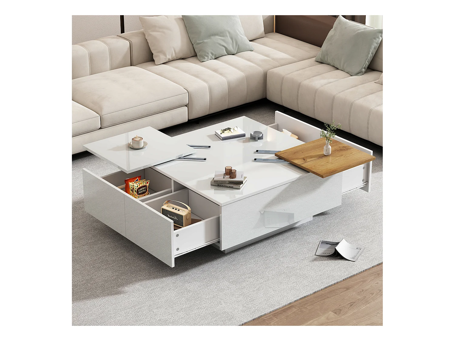Table basse carrée moderne à haute brillance : Blanc à teinte de bois, avec ablagefläche 757533,5cm, petite plateau mobile, max. 30kg de charge