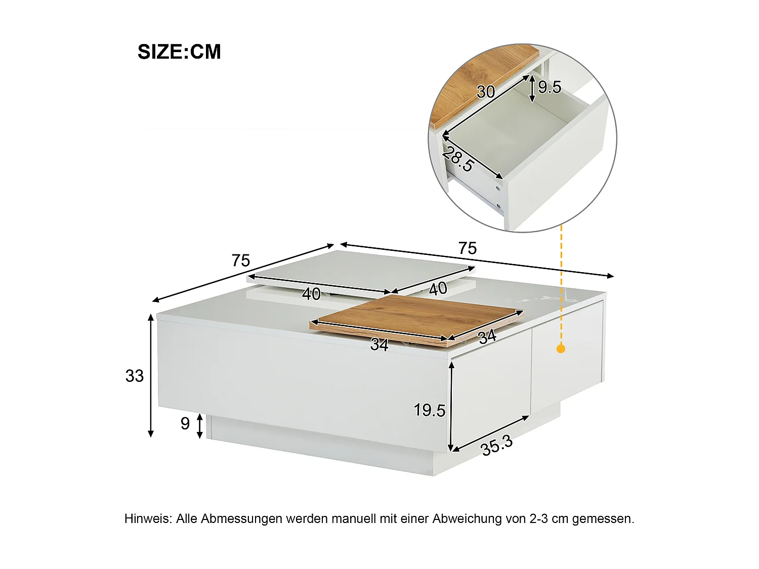 Table basse carrée moderne à haute brillance : Blanc à teinte de bois, avec ablagefläche 757533,5cm, petite plateau mobile, max. 30kg de charge