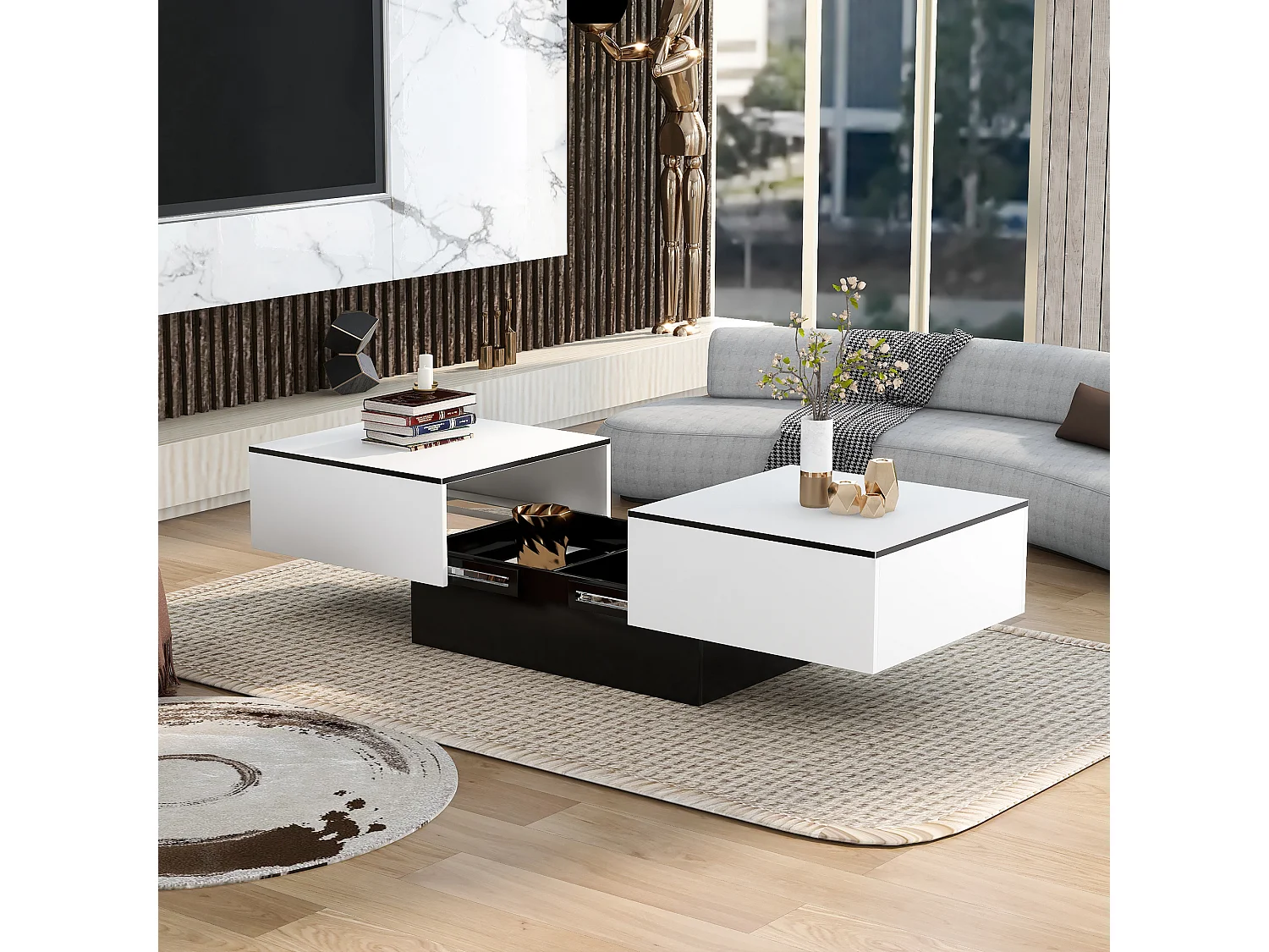 Table basse universelle pour salon, laquée avec table extensible et espace de rangement (blanc)