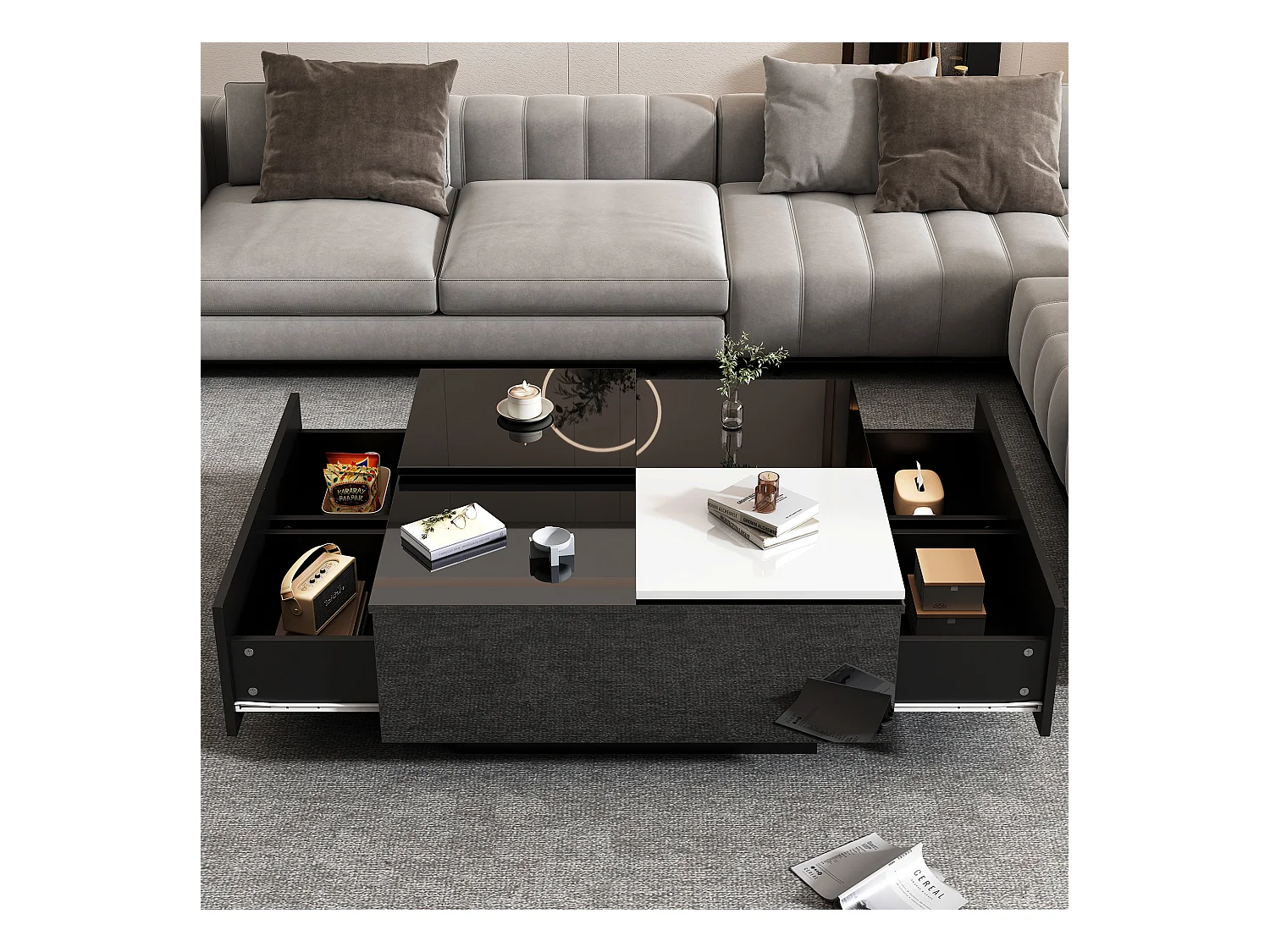 Table basse carrée Noir haute brillance 75×75×33,5 cm avec étagères, petit plateau mobile blanc contrastant, charge max 30 kg.