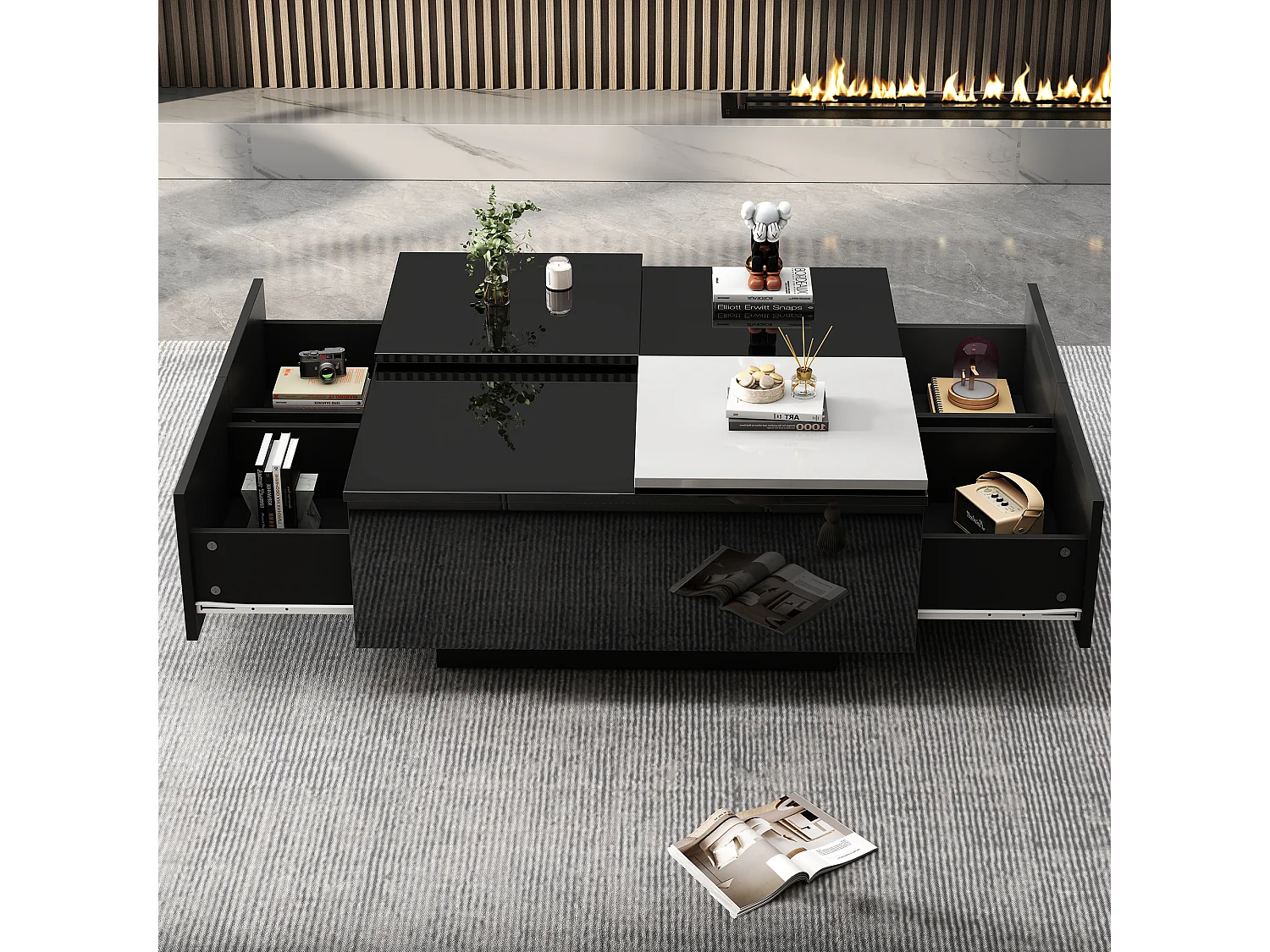 Table basse carrée Noir haute brillance 75×75×33,5 cm avec étagères, petit plateau mobile blanc contrastant, charge max 30 kg.