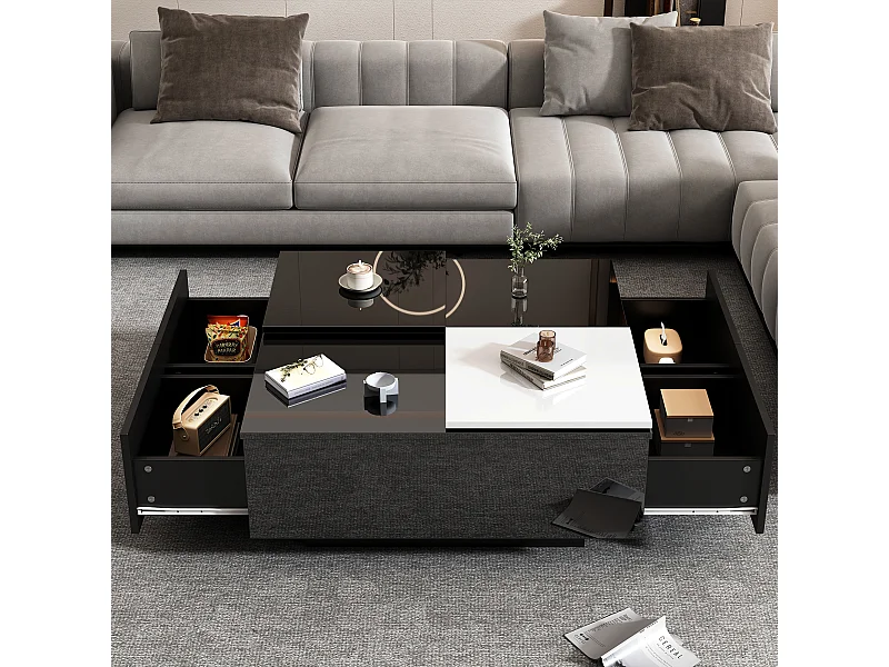 Table basse carrée Noir haute brillance 75×75×33,5 cm avec étagères, petit plateau mobile blanc contrastant, charge max 30 kg.