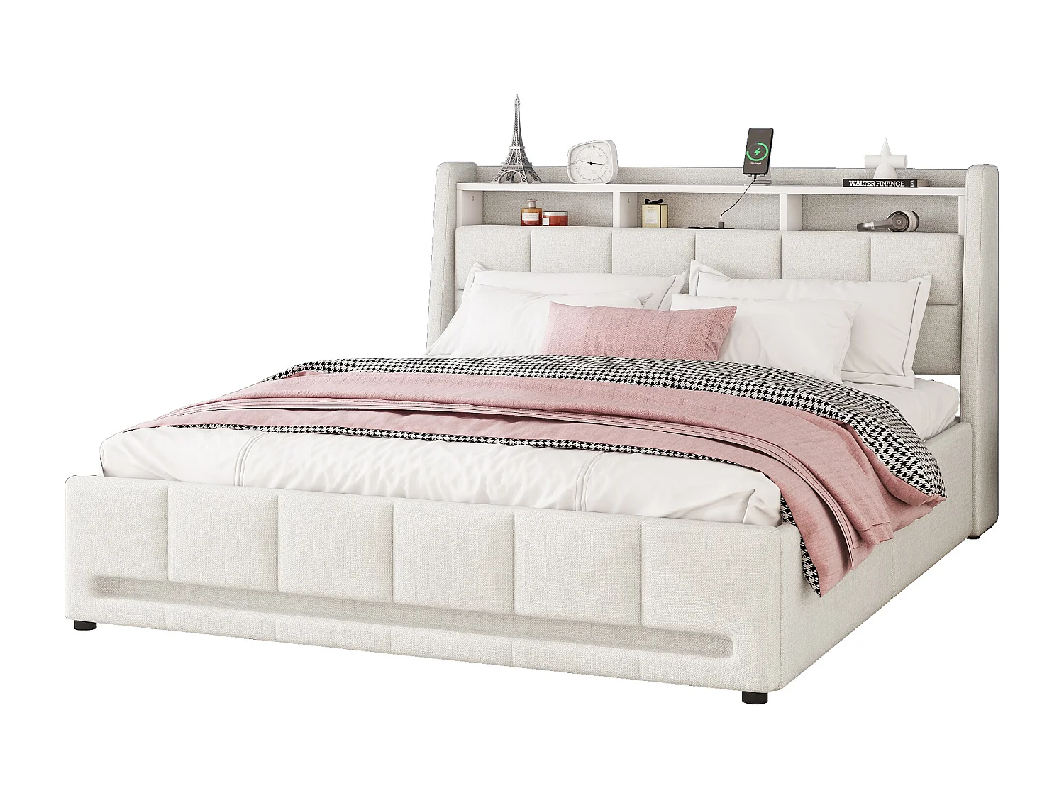 Cama de 140x200cm en lino beige con LED y cajones de almacenaje