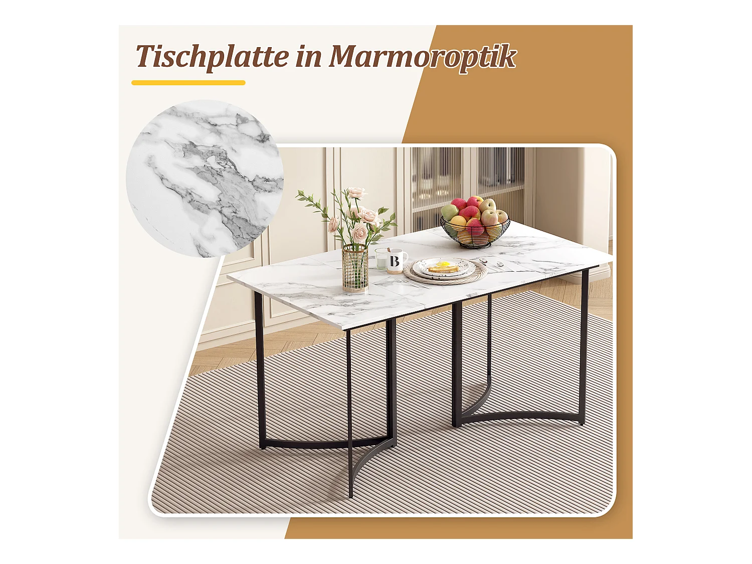 Mesa de jantar 140x80 cm efeito mármore branco pernas metálicas curvas reguláveis ​​cozinha sala de estar