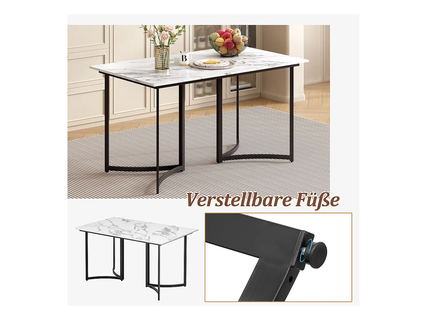 Mesa de jantar 140x80 cm efeito mármore branco pernas metálicas curvas reguláveis ​​cozinha sala de estar