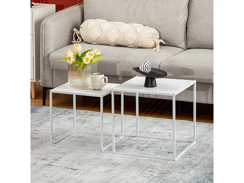 Set 2 tavoli bassi carrées métal blanc salon moderne multifonction avec rangement