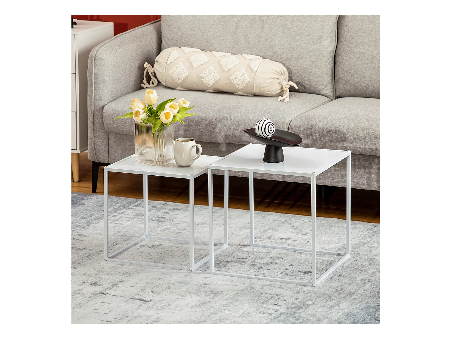 Set 2 tavoli bassi carrées métal blanc salon moderne multifonction avec rangement