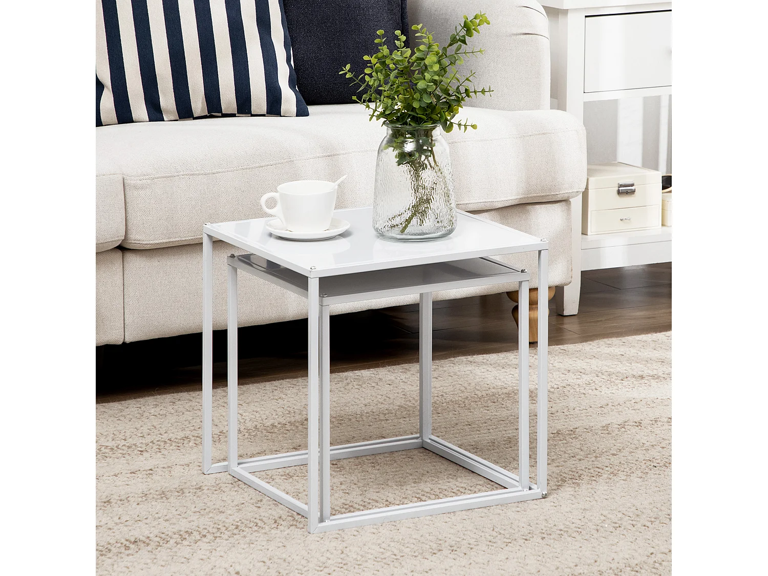 Set 2 tavoli bassi carrées métal blanc salon moderne multifonction avec rangement