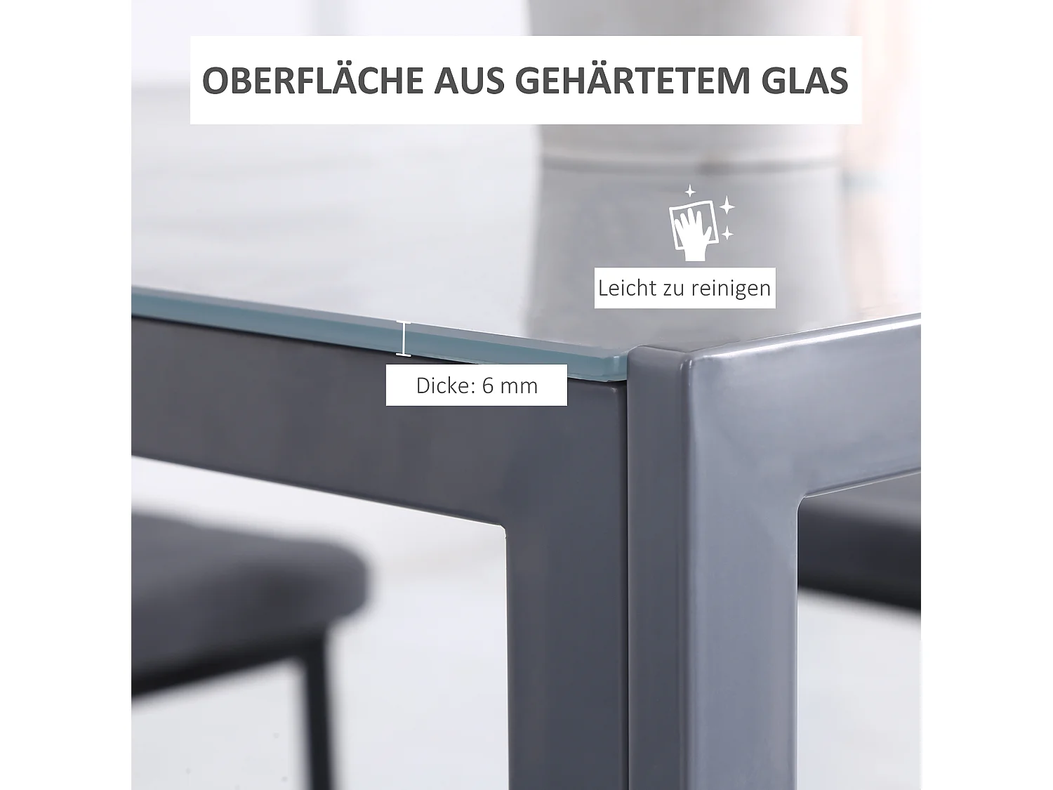 Mesa quadrada de vidro e metal para 4 pessoas cozinha sala de jantar 75x75 cm cinza