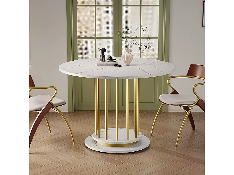 Tavolo rotondo in MDF e metallo 110 cm design moderno bianco e dorato per sala da pranzo