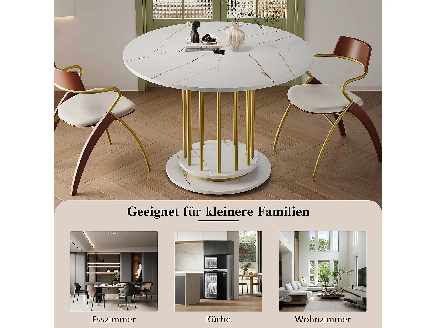 Tavolo rotondo in MDF e metallo 110 cm design moderno bianco e dorato per sala da pranzo