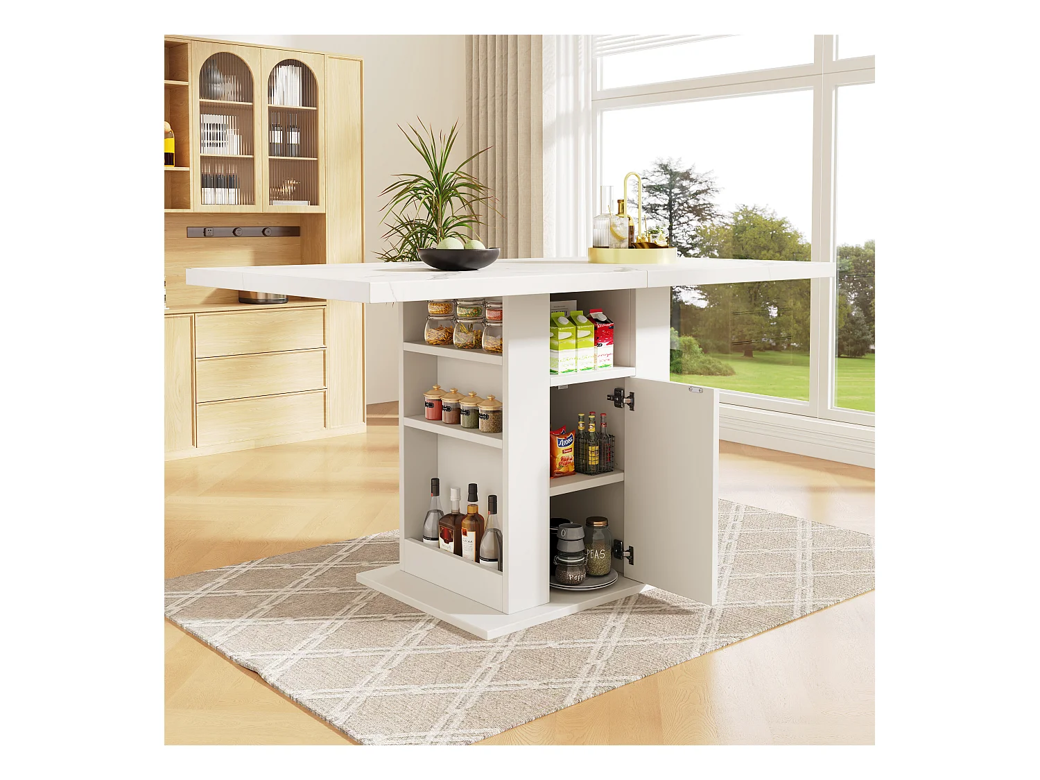 Mesa de comedor de MDF con 3 niveles de almacenaje para cocina, salón y encimera de mármol blanco, 140×75