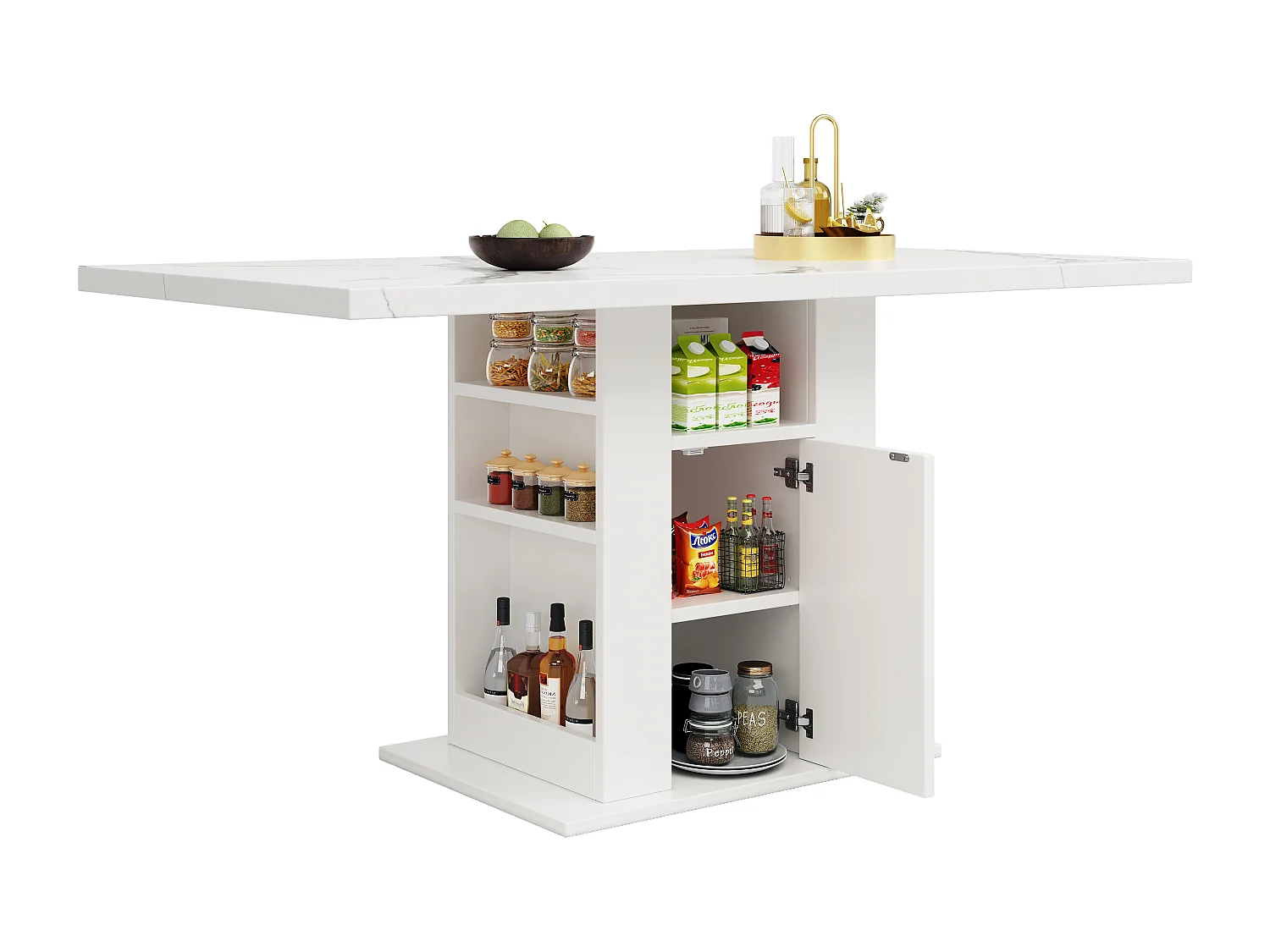 Mesa de comedor de MDF con 3 niveles de almacenaje para cocina, salón y encimera de mármol blanco, 140×75