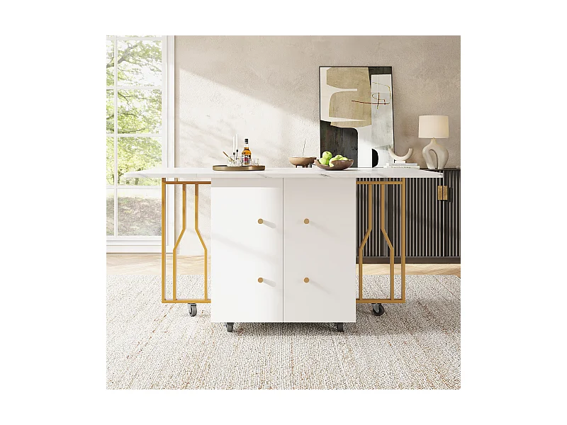 Mesa de jantar dobrável MDF mármore com rodas de armazenamento sala de estar sala de jantar 80-140 cm ouro