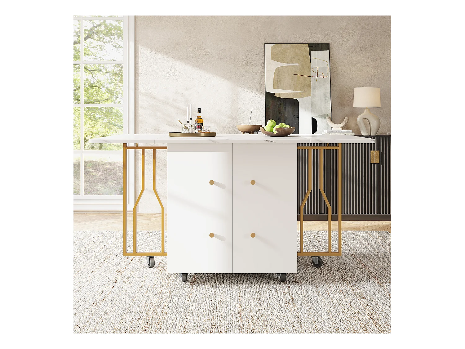 Tavolo repas pieghevole MDF marmo con rangement roulettes salon salle à manger 80-140 cm doré