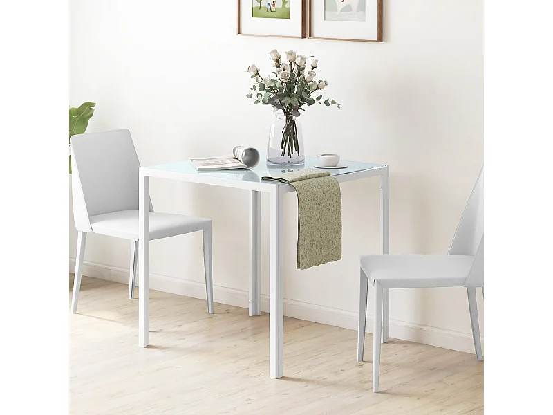Tavolo Carrée Verre Trempé Métal 4 Personnes Cuisine Salle à Manger 75x75x75 cm Bianco