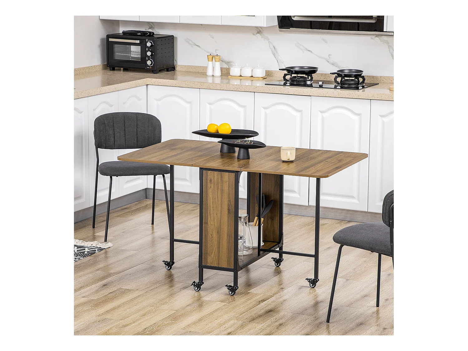 Mesa de comedor plegable móvil de MDF para 6 personas con almacenamiento para espacios pequeños, madera clara