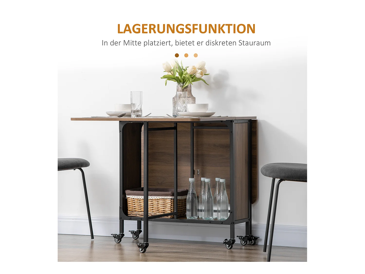 Mesa de comedor plegable móvil de MDF para 6 personas con almacenamiento para espacios pequeños, madera clara