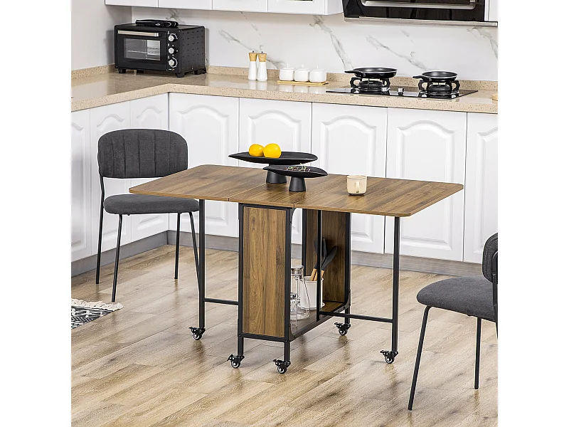 Mesa de comedor plegable móvil de MDF para 6 personas con almacenamiento para espacios pequeños, madera clara