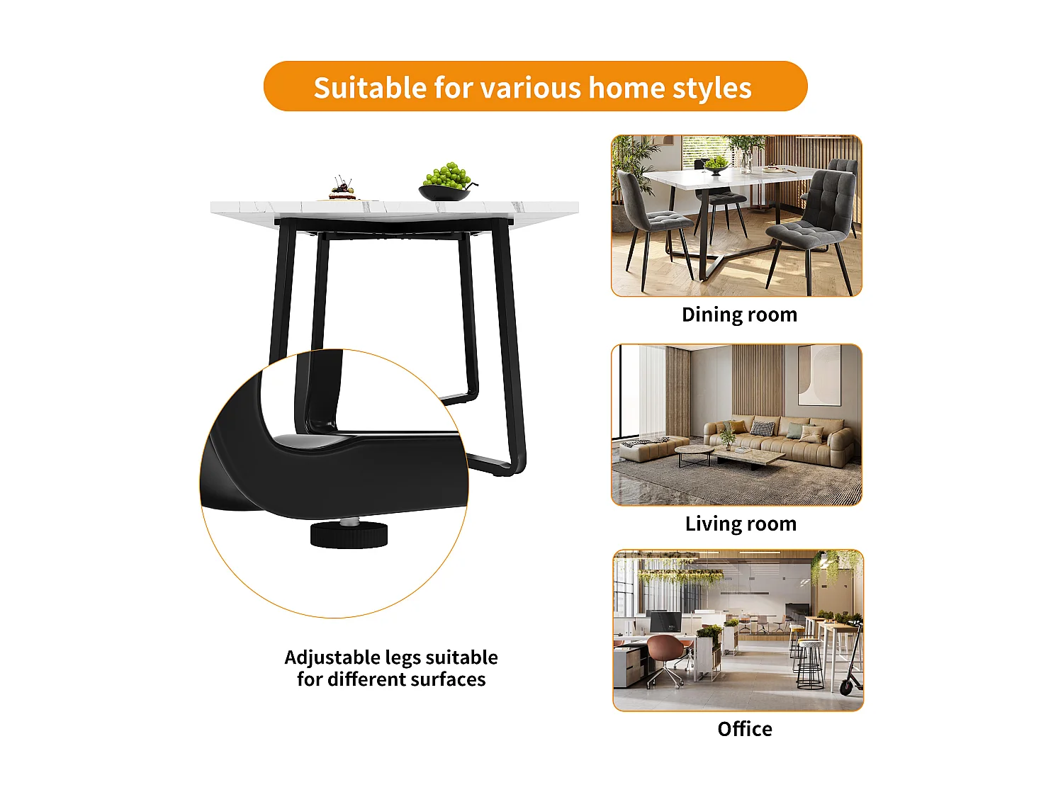 Tavolo repas MDF marmo métal noir 4-6 persone salone salle à manger 108,8 cm