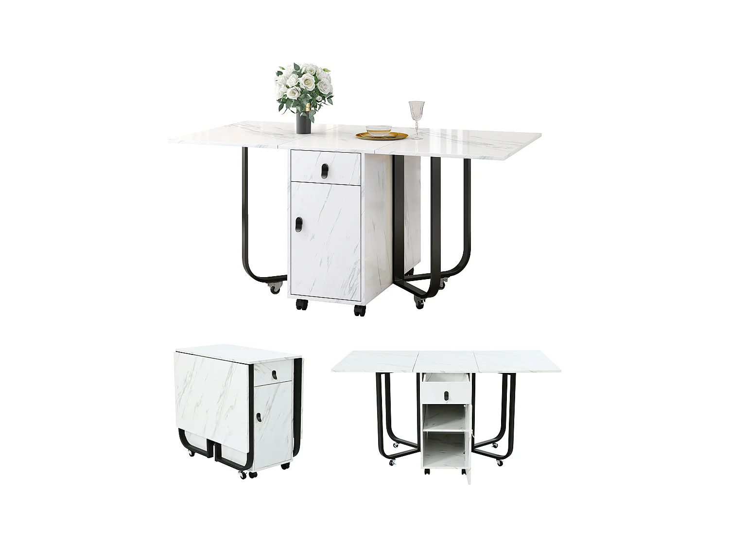 Mesa dobrável MDF metal com gavetas armazenamento cozinha sala branco preto
