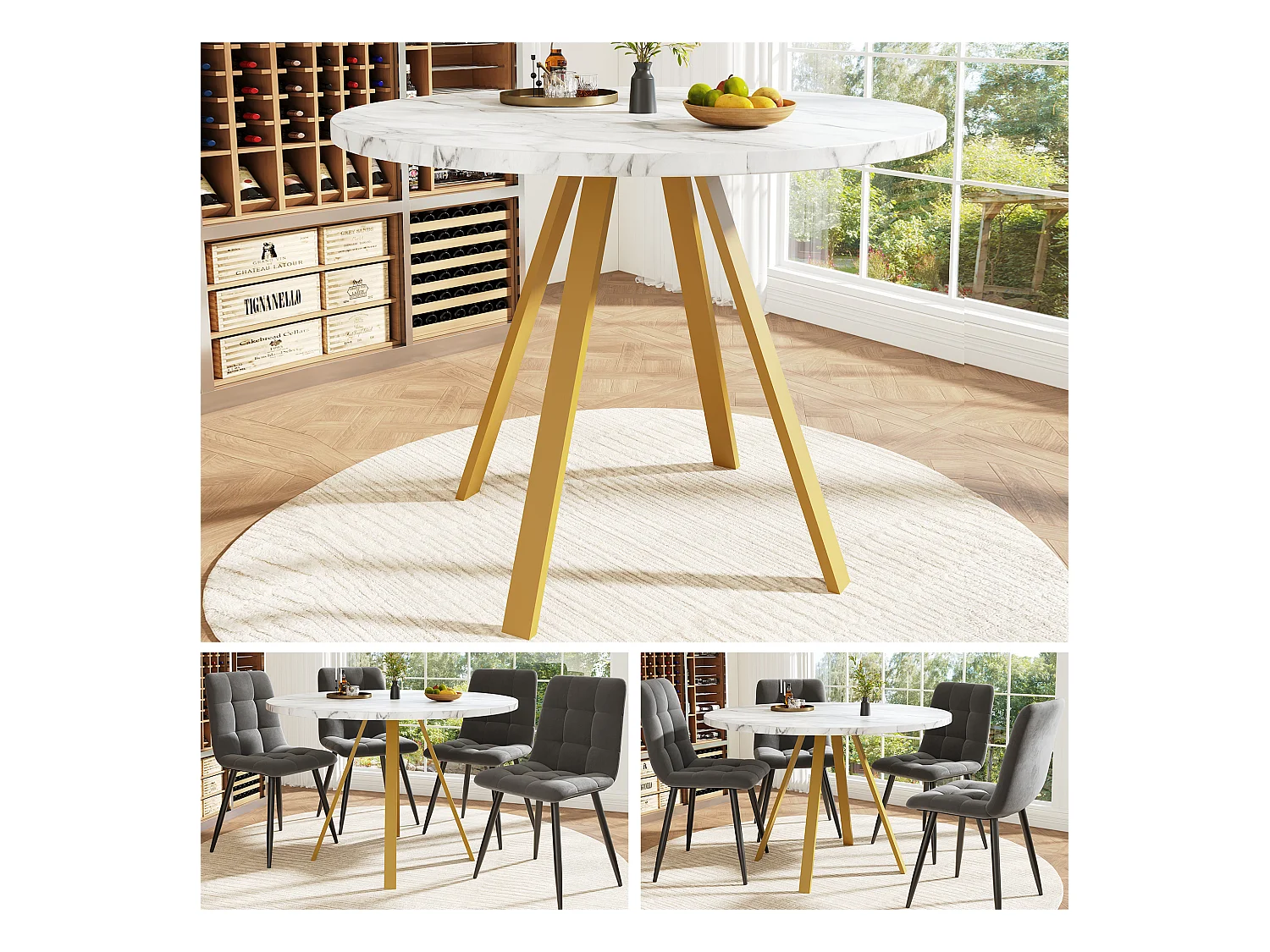 Tavolo rotondo 80 cm MDF metallo bianco marmo dorato per salone salle à manger 4 persone