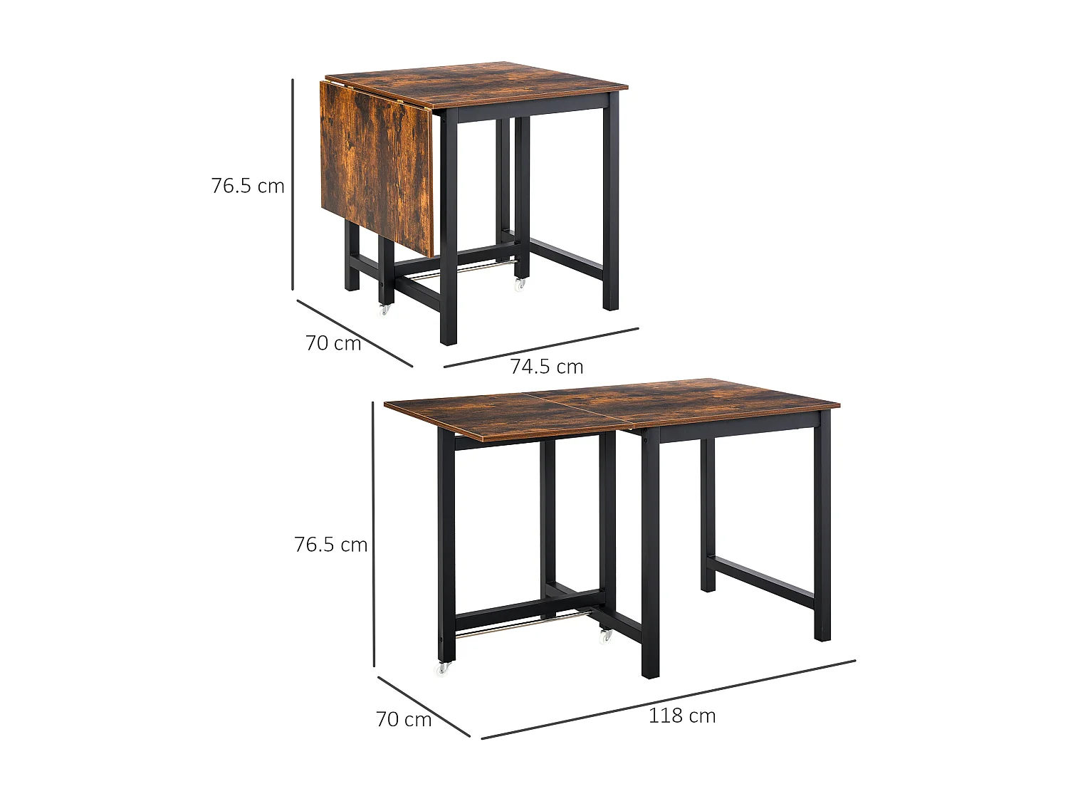Tavolo pieghevole in metallo e legno con roulette, tavolo da cucina e sala da pranzo 118x70x76,5 cm