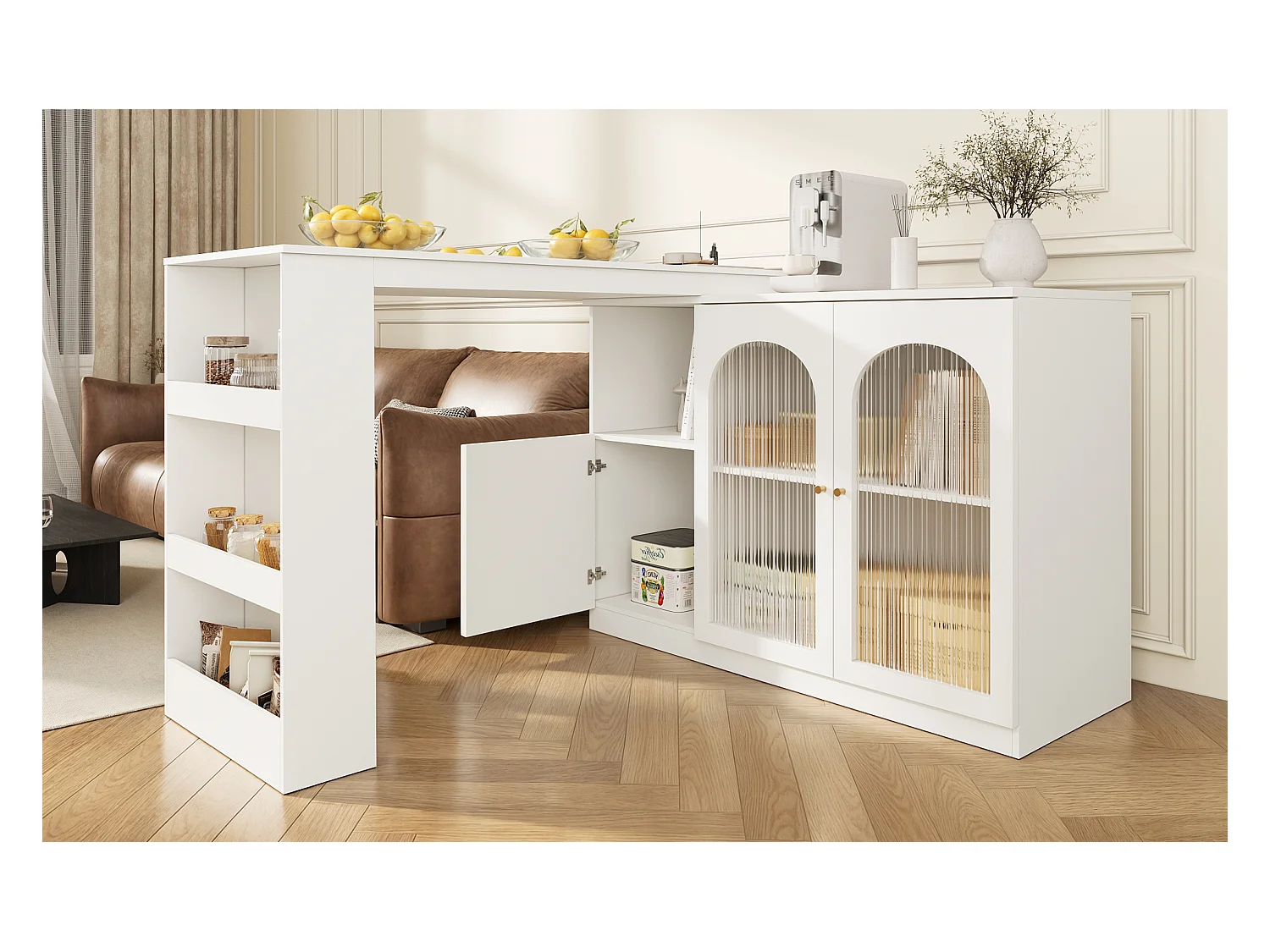 Barra giratoria de MDF blanco con almacenaje y puertas de cristal para cocina y salón 120 cm