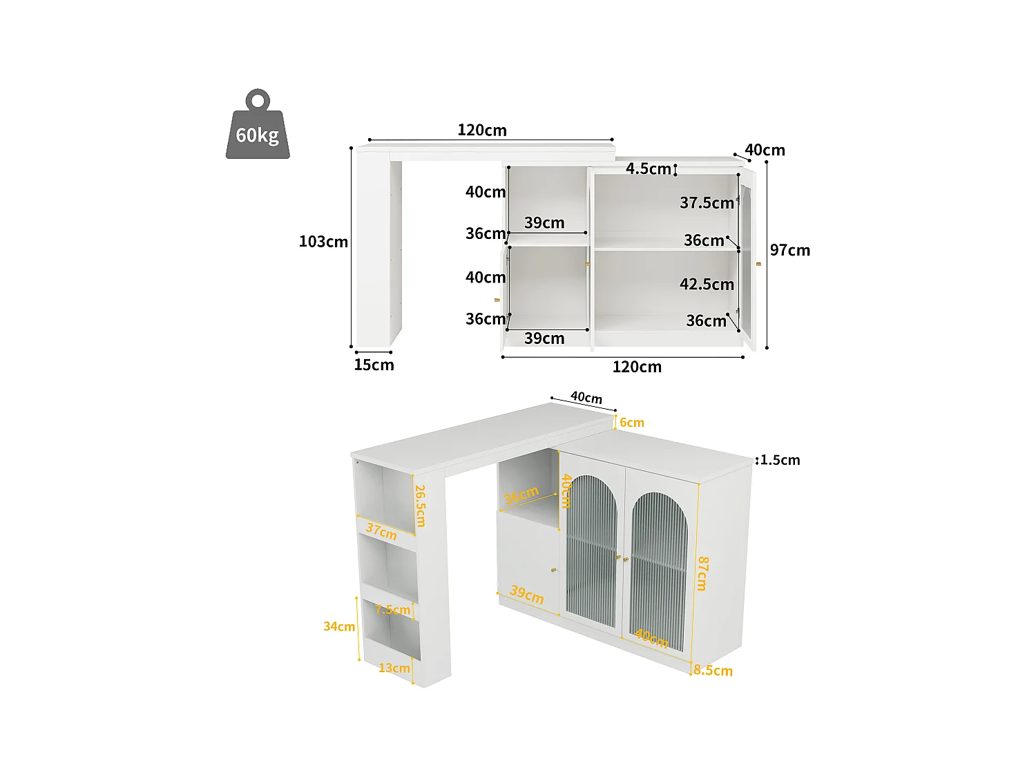 Barra giratoria de MDF blanco con almacenaje y puertas de cristal para cocina y salón 120 cm
