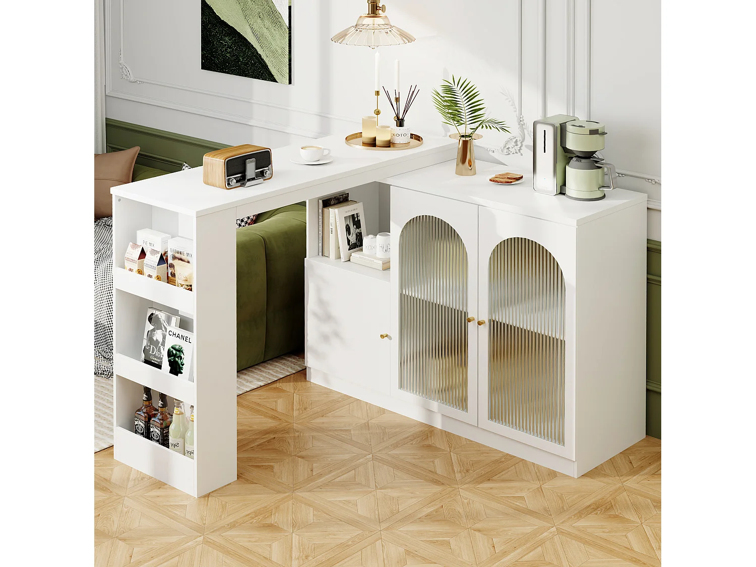 Barra giratoria de MDF blanco con almacenaje y puertas de cristal para cocina y salón 120 cm