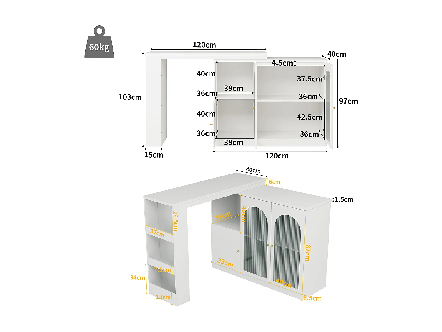 Bar girevole in MDF bianco con rangement e porte vetrate per cucina e salone 120 cm
