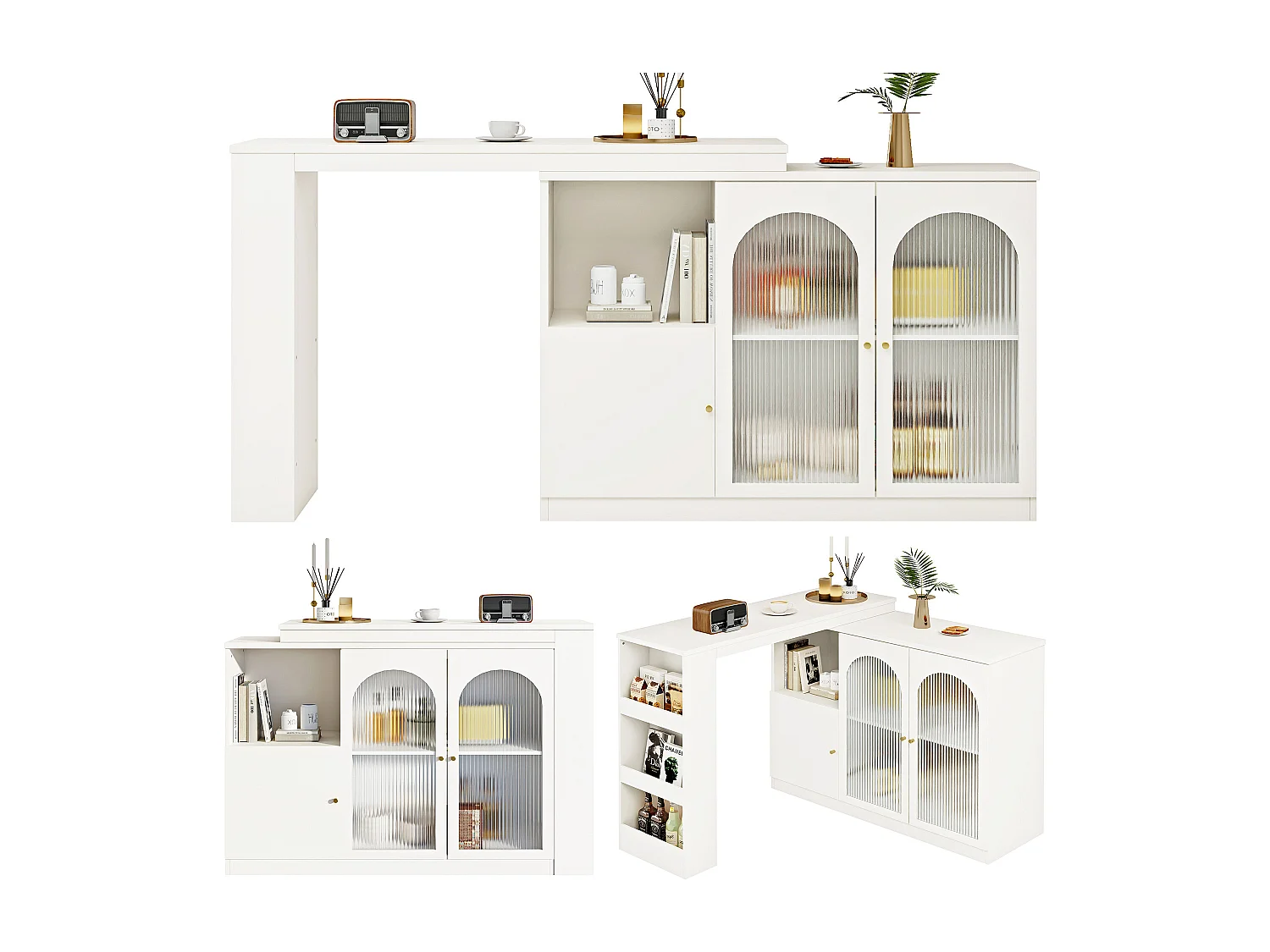 Bar girevole in MDF bianco con rangement e porte vetrate per cucina e salone 120 cm