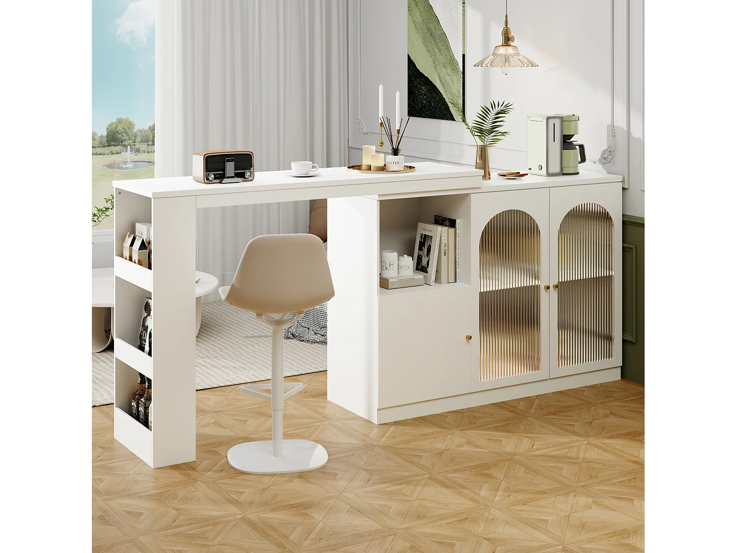 Bar girevole in MDF bianco con rangement e porte vetrate per cucina e salone 120 cm