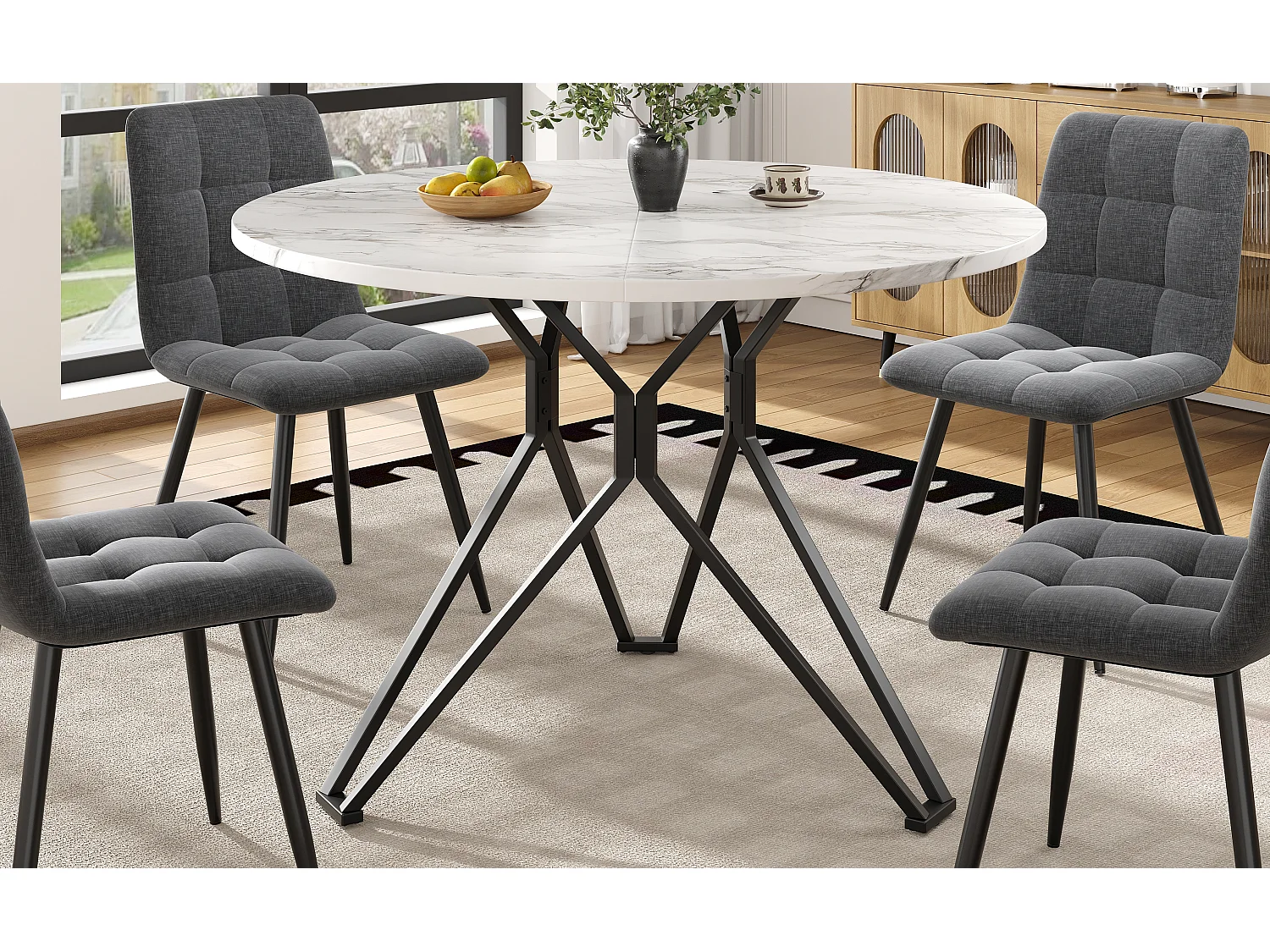 Mesa redonda 100×100×76cm MDF imitación mármol negro metal salón cocina