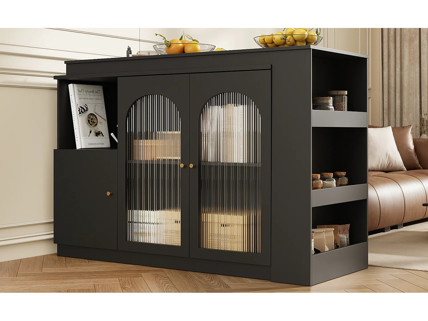 Bar girevole MDF nero con rangement e porte vetrate per cucina e salone 120 cm