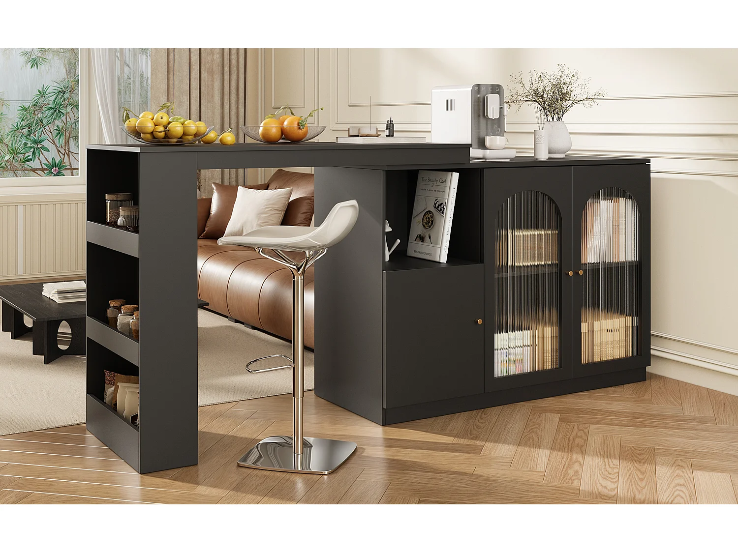 Bar girevole MDF nero con rangement e porte vetrate per cucina e salone 120 cm