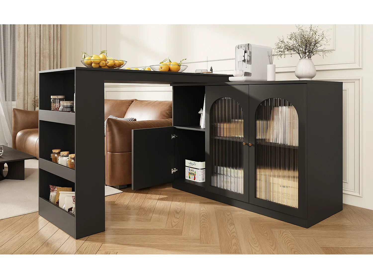 Bar girevole MDF nero con rangement e porte vetrate per cucina e salone 120 cm