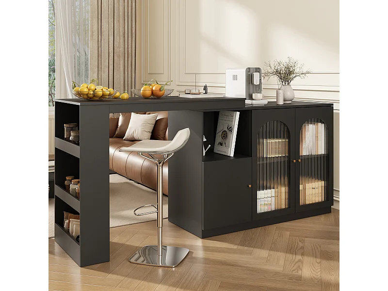 Bar girevole MDF nero con rangement e porte vetrate per cucina e salone 120 cm