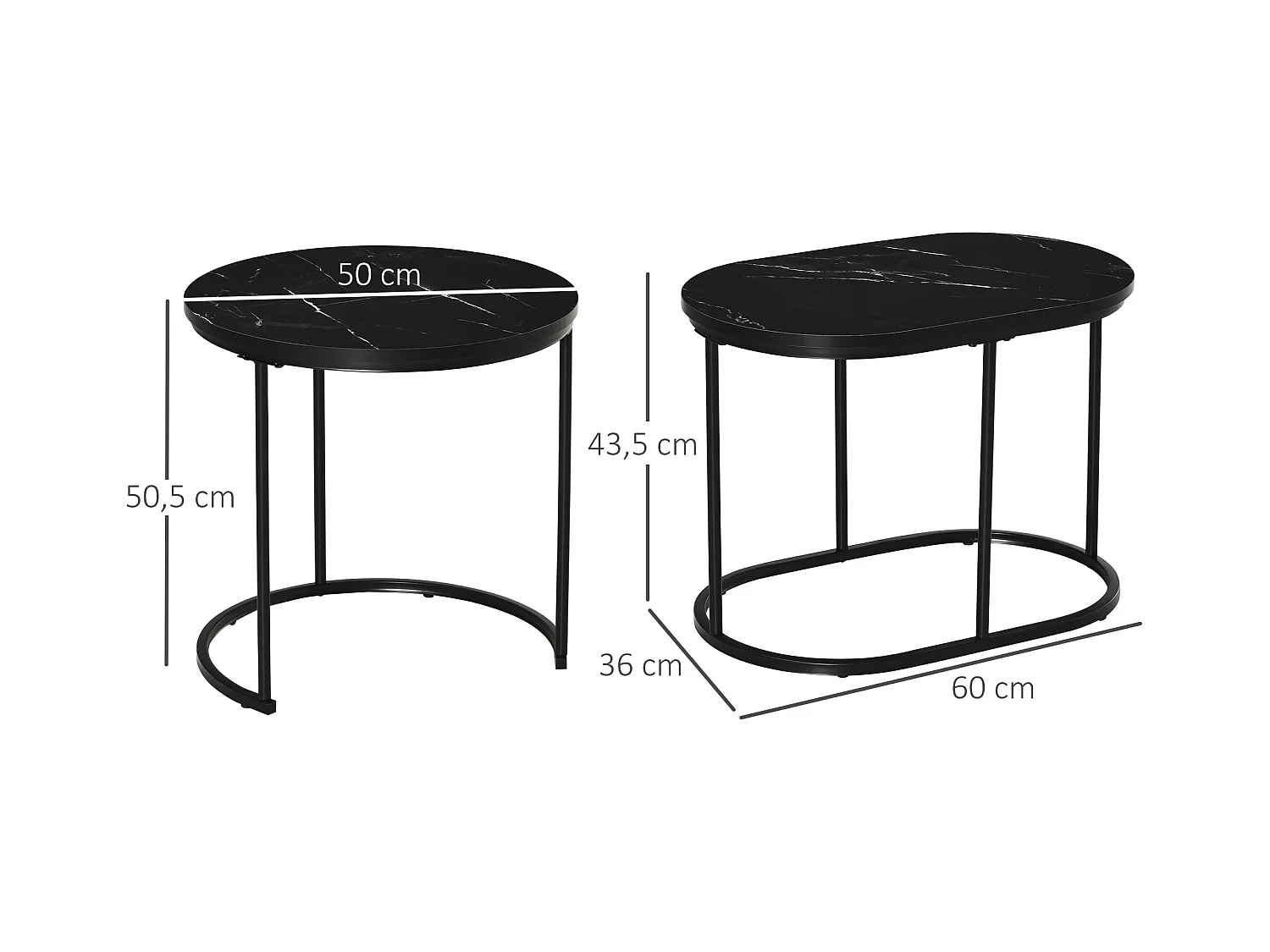 Set 2 Tavoli Bassi MDF Métal Rond Ovale Salon Emilable 50x50,5 cm Noir