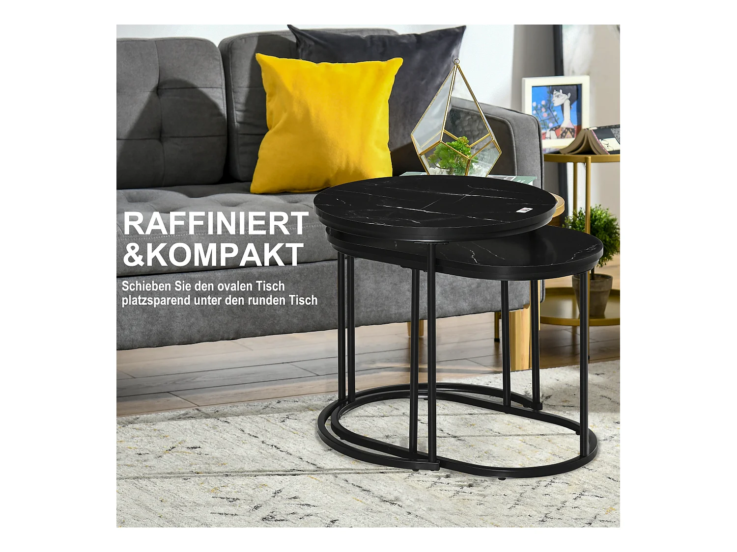 Set 2 Tavoli Bassi MDF Métal Rond Ovale Salon Emilable 50x50,5 cm Noir