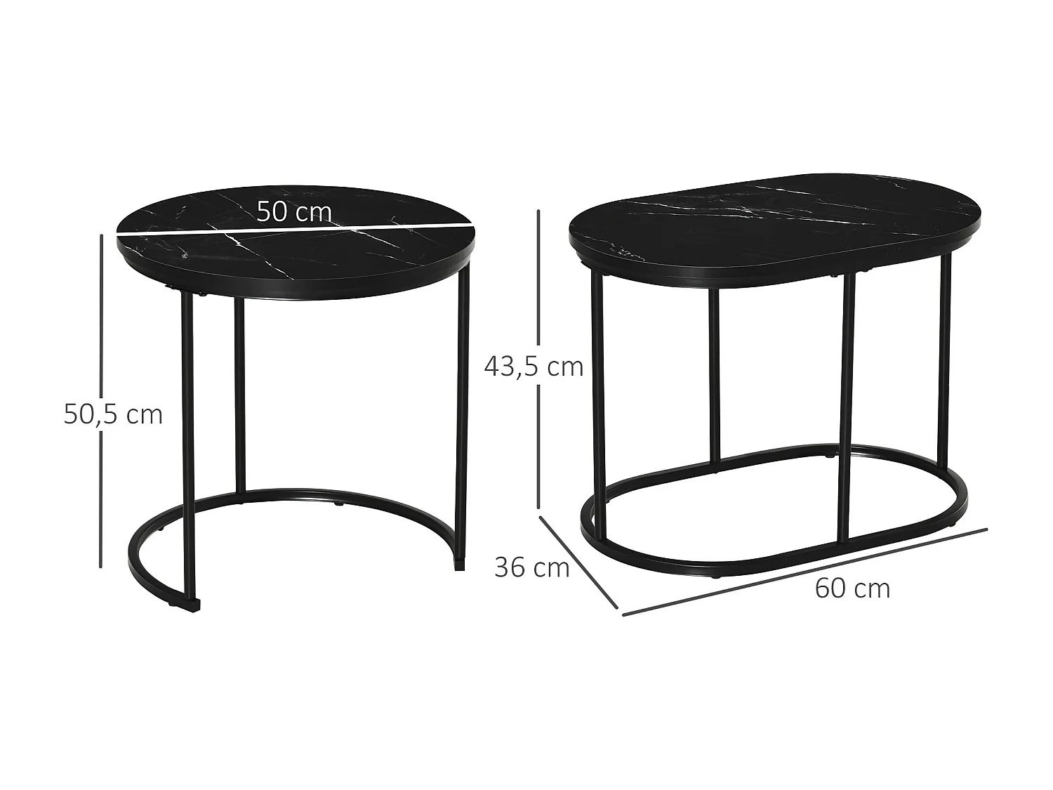 Conjunto de 2 Mesas de Centro MDF Metal Redondas Ovais Sala de Estar Empilháveis ​​50x50,5 cm Preto