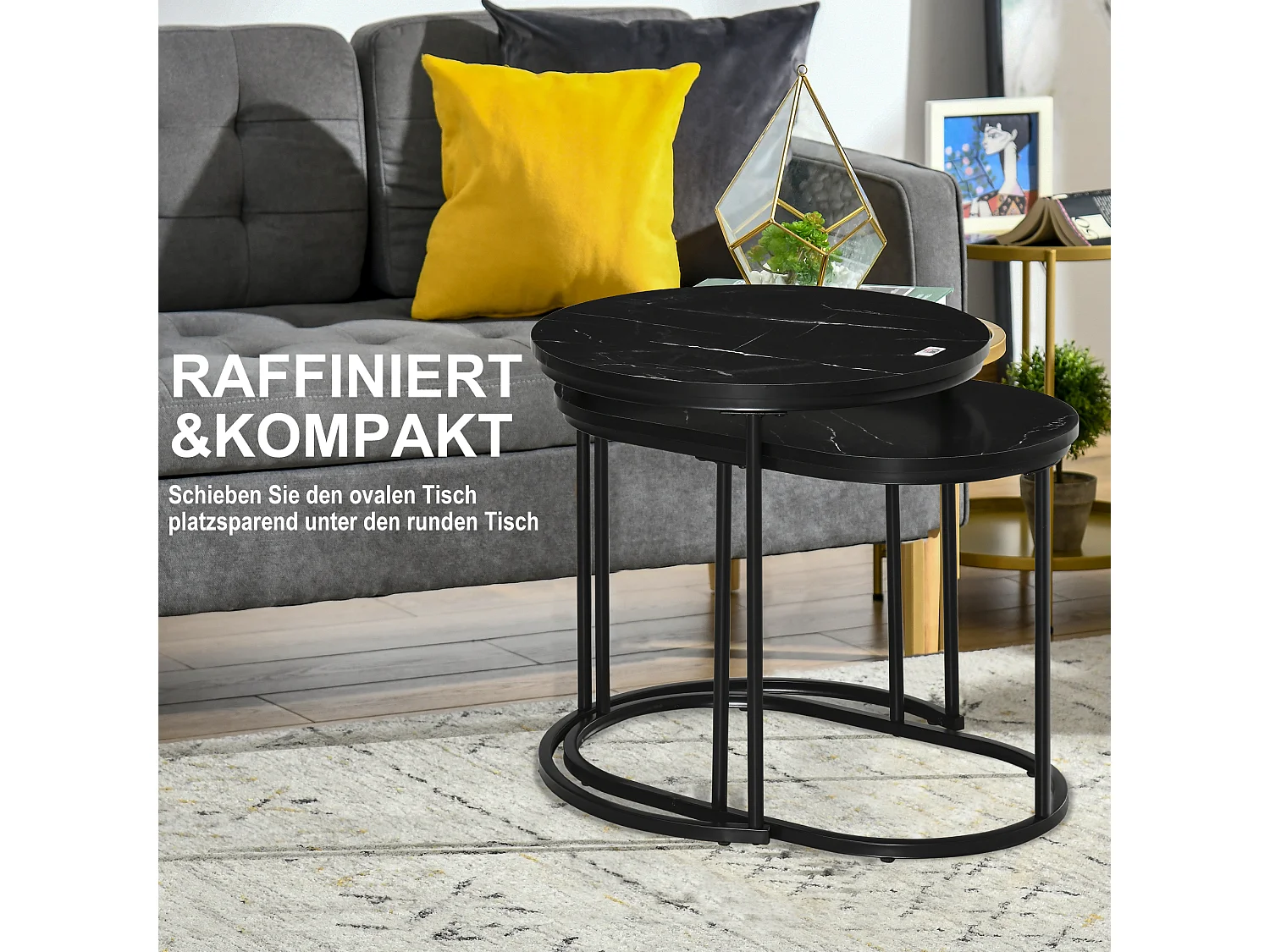 Conjunto de 2 Mesas de Centro MDF Metal Redondas Ovais Sala de Estar Empilháveis ​​50x50,5 cm Preto