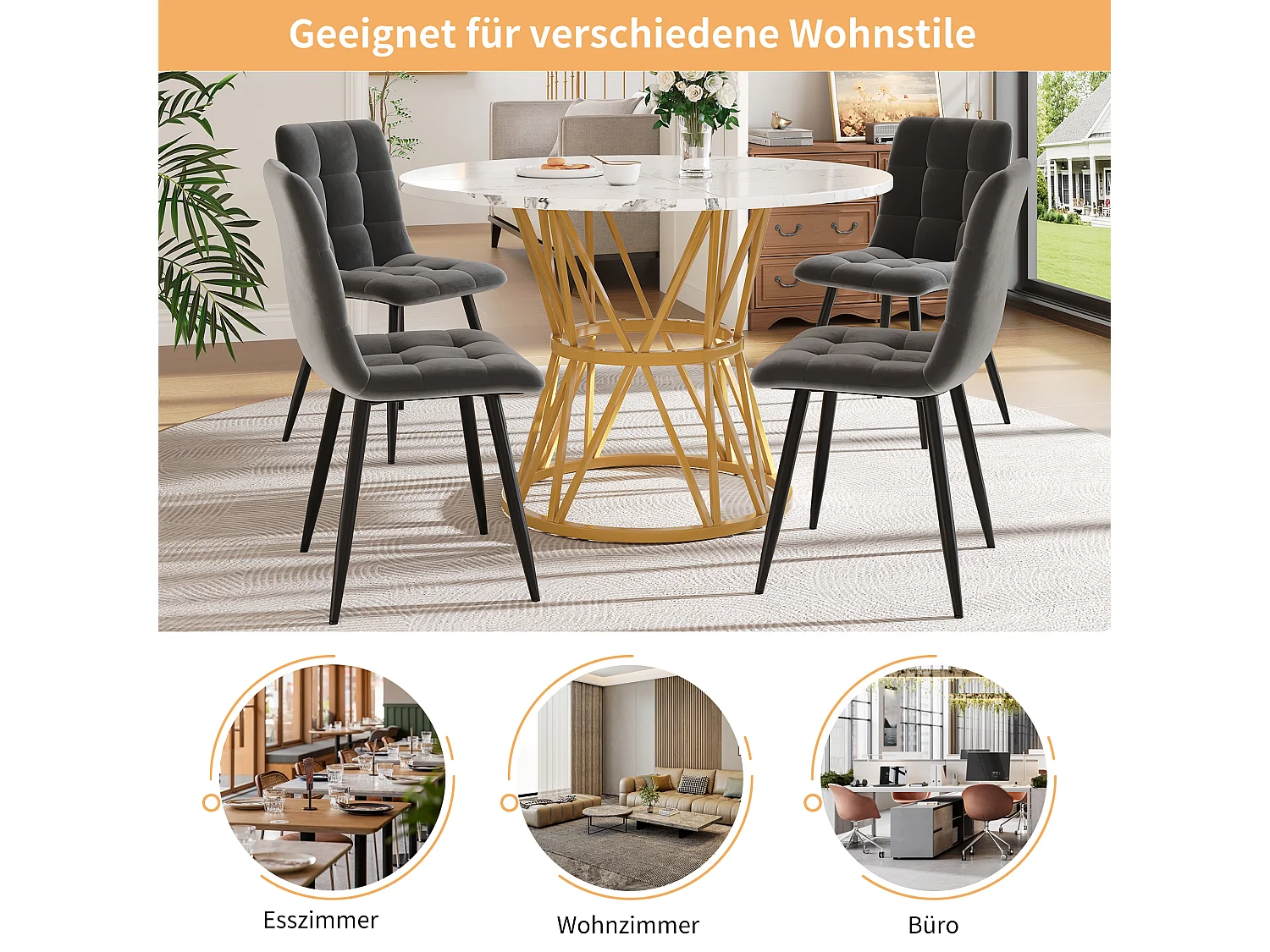 Tavolo rotondo 100×100×76 cm MDF imitazione marmo doré métal salone da cucina