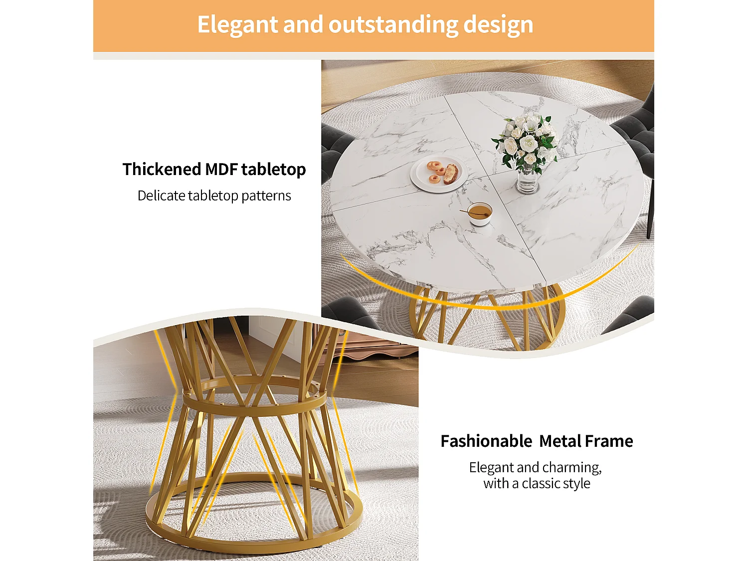 Tavolo rotondo 100×100×76 cm MDF imitazione marmo doré métal salone da cucina