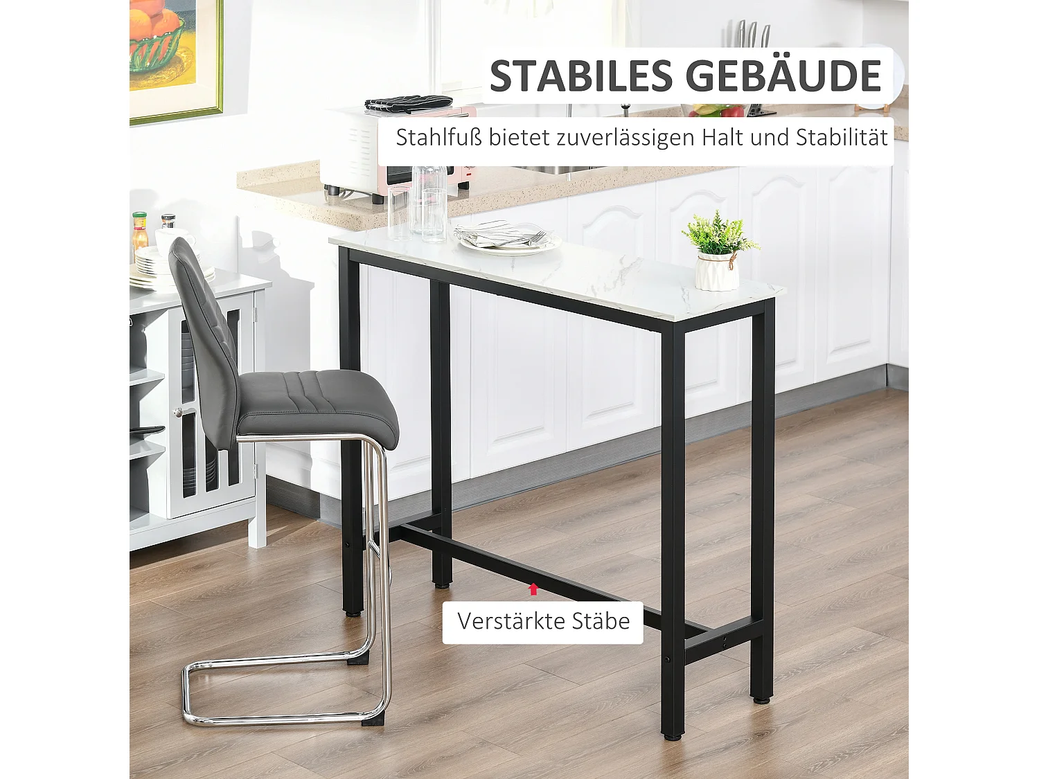 Mesa de Bar MDF Metal Mármore Optik 120x40x100 cm Sala Cozinha Branco Preto