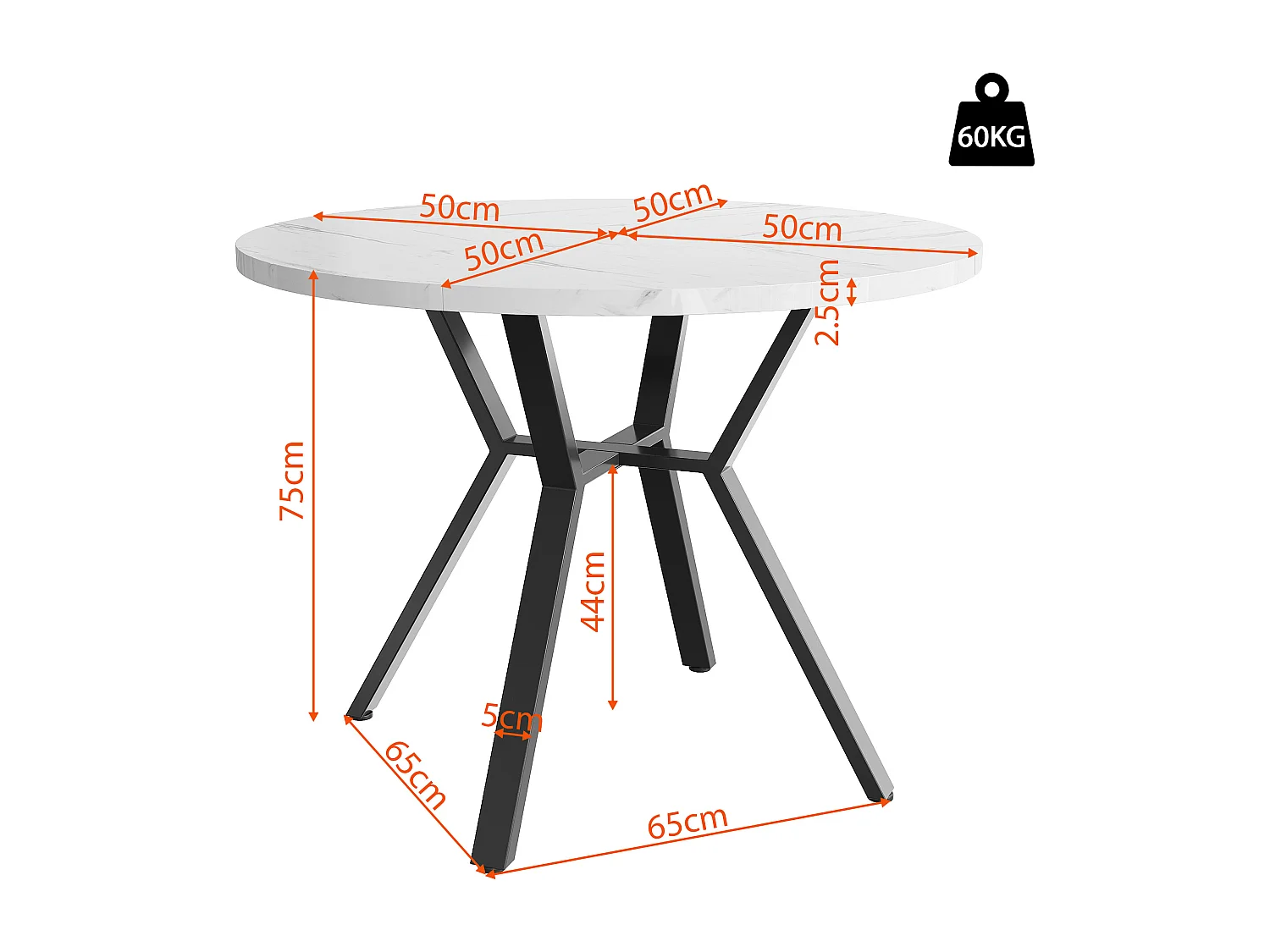 Mesa redonda MDF efeito mármore com pé X de metal preto para sala de jantar 100 cm
