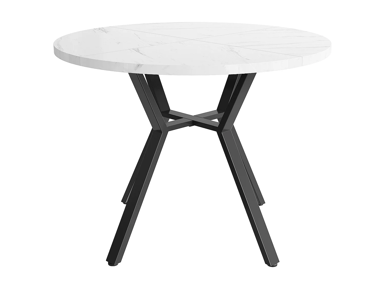 Mesa redonda MDF efeito mármore com pé X de metal preto para sala de jantar 100 cm